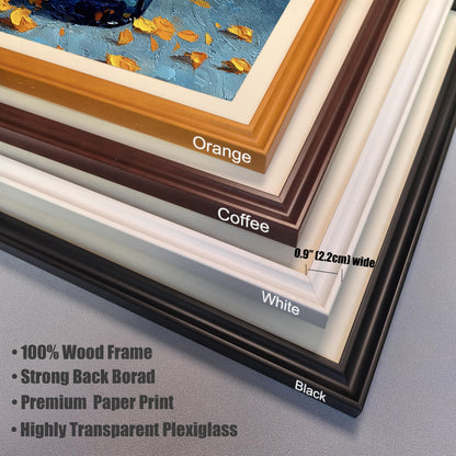 Close-up stack of four corner samples of wood frames: Orange, Coffee (brown), White, and Black. The top print fragment is a blue jar of flowers. Text highlights frame width (0.9 ′′ / 2.2cm) and features: 100% Wood Frame, Strong Back Borad, Premium Paper Print, and Highly Transparent Plexiglass.