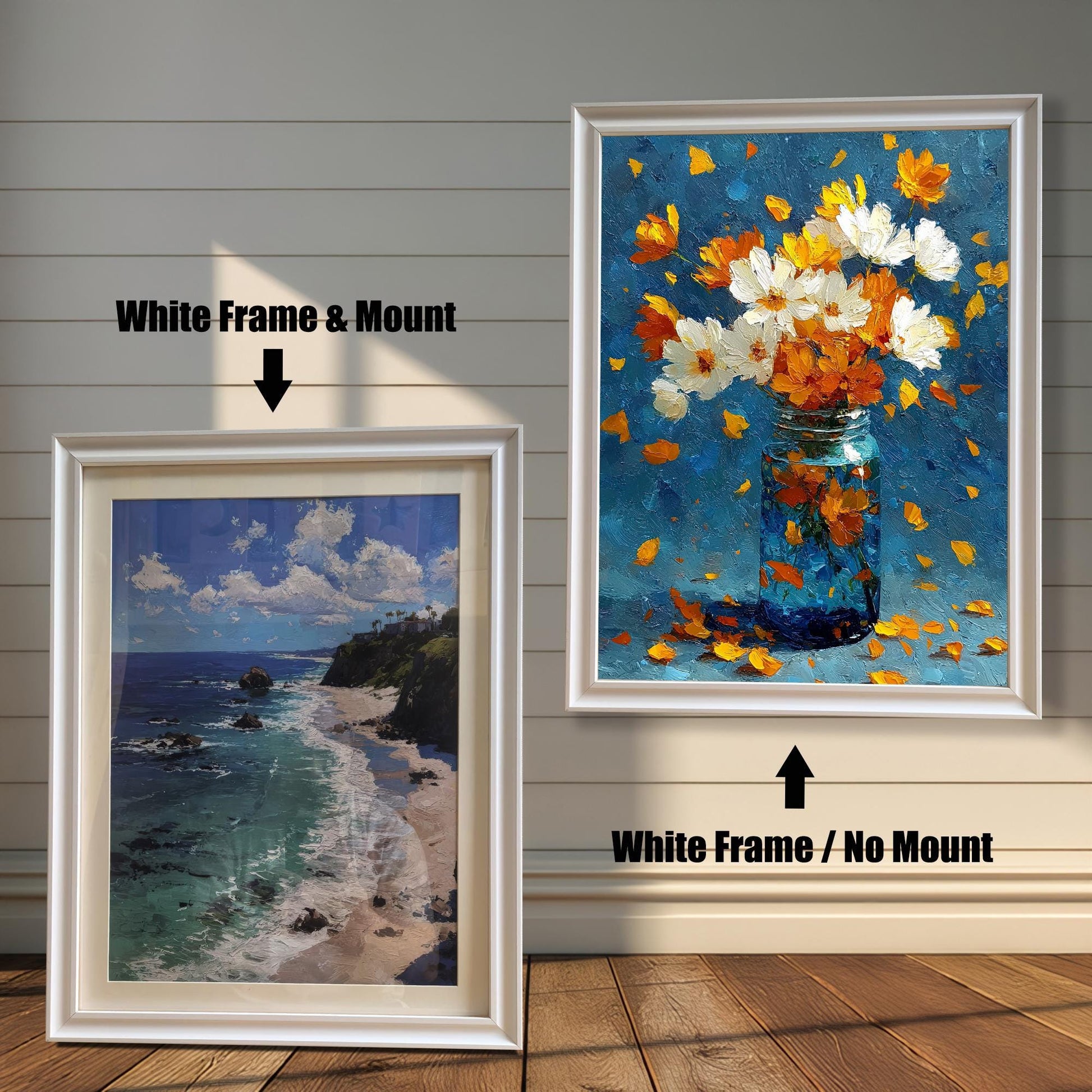 Two framed artworks with White frames. The image on the left is a coastal landscape with a cliff and beach, shown with a Mount. The image on the right is a floral painting, shown with No Mount.
