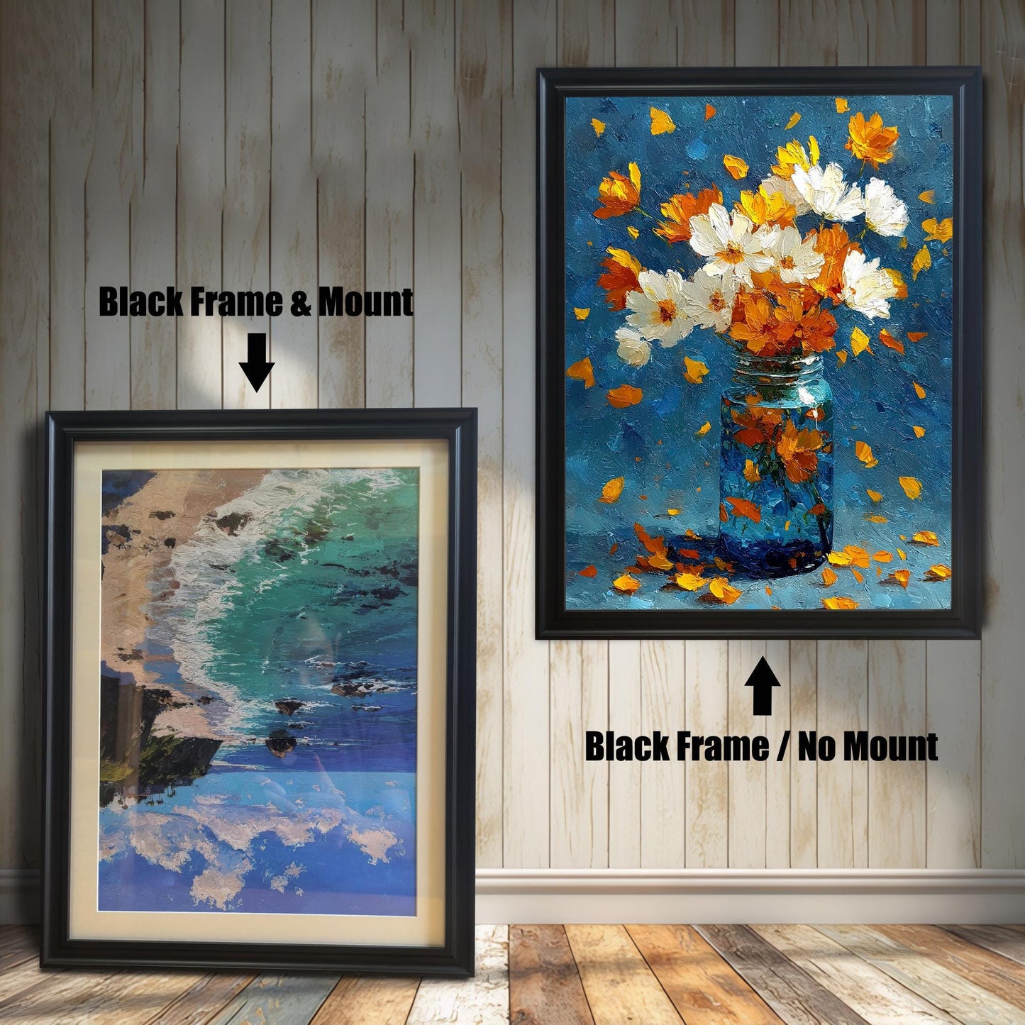 Two framed artworks with Black frames. The image on the left is a coastal landscape with a cliff and beach, shown with a Mount. The image on the right is a floral painting, shown with No Mount.