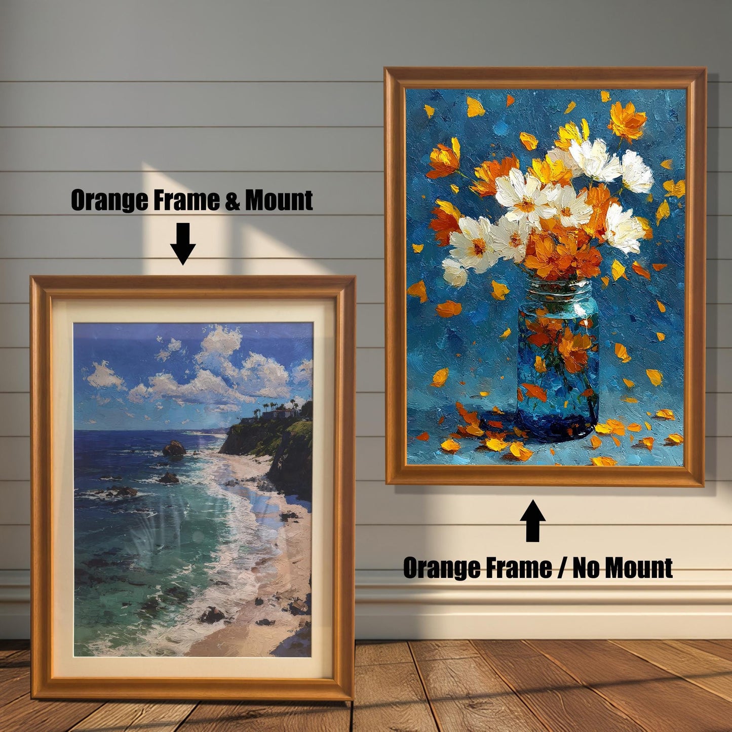 Two framed artworks with Orange (gold) frames. The image on the left is a coastal landscape with a cliff and beach, shown with a Mount. The image on the right is a floral painting, shown with No Mount.
