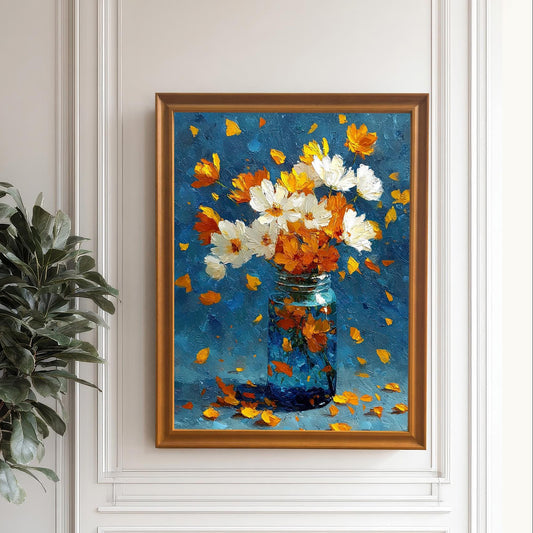 Framed floral painting in an Orange (gold) frame, hung on a white wainscoted wall. The painting features white and orange flowers in a blue jar. A large potted plant stands to the left.