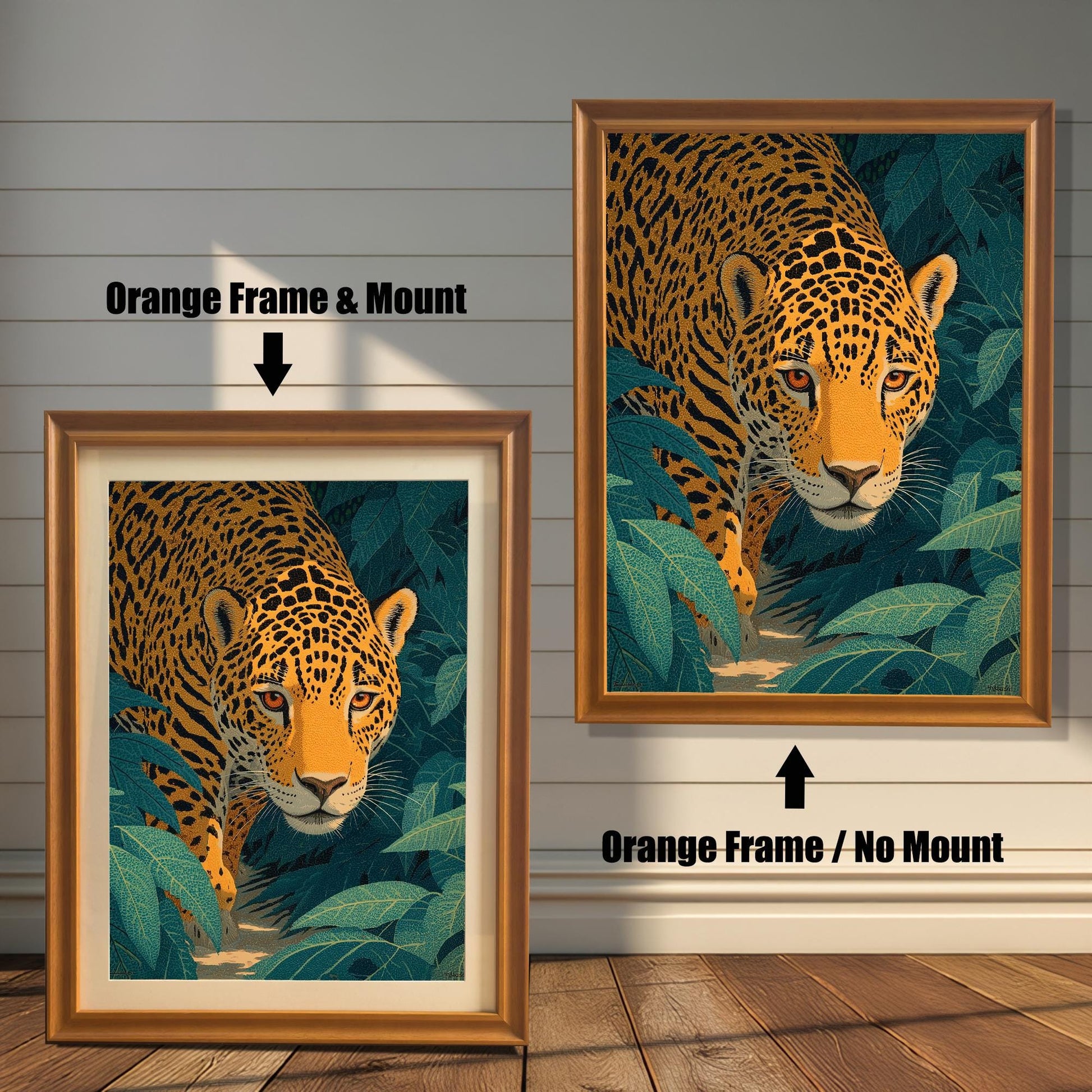 Two versions of the jaguar artwork, both with an Orange (gold) frame. The image on the left shows a Mount (white border) included, while the image on the right shows No Mount.