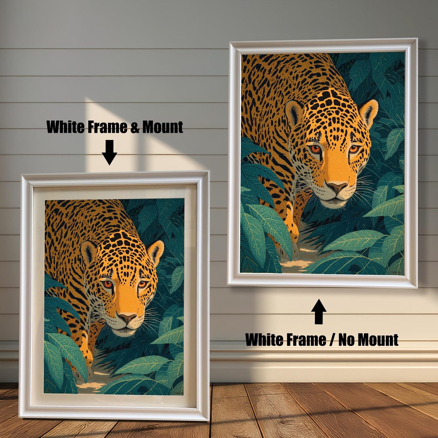 Two versions of the jaguar artwork, both with a White frame. The image on the left shows a Mount (white border) included, while the image on the right shows No Mount.
