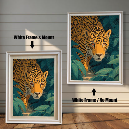 Two versions of the jaguar artwork, both with a White frame. The image on the left shows a Mount (white border) included, while the image on the right shows No Mount.