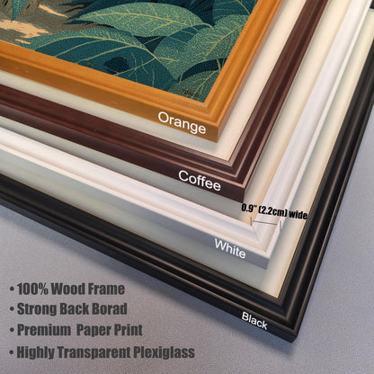 Close-up stack of four corner samples of wood frames: Orange, Coffee (brown), White, and Black. Text highlights frame width (0.9 ′′  / 2.2cm) and features: 100% Wood Frame, Strong Back Borad, Premium Paper Print, and Highly Transparent Plexiglass.
