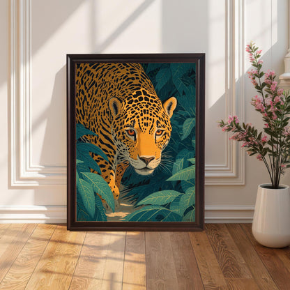 Artwork of a jaguar stalking through dark green jungle leaves, framed in a Coffee (dark brown) frame (no mount). The frame leans on a wood floor against a white wall with wainscoting, next to a vase with pink flowers.