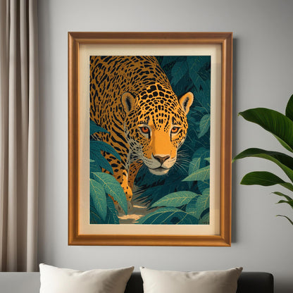 Framed artwork of a jaguar, with an Orange (gold) frame and mount. It is hung on a light gray wall above a bed with white pillows, next to a large potted plant and a gray curtain.