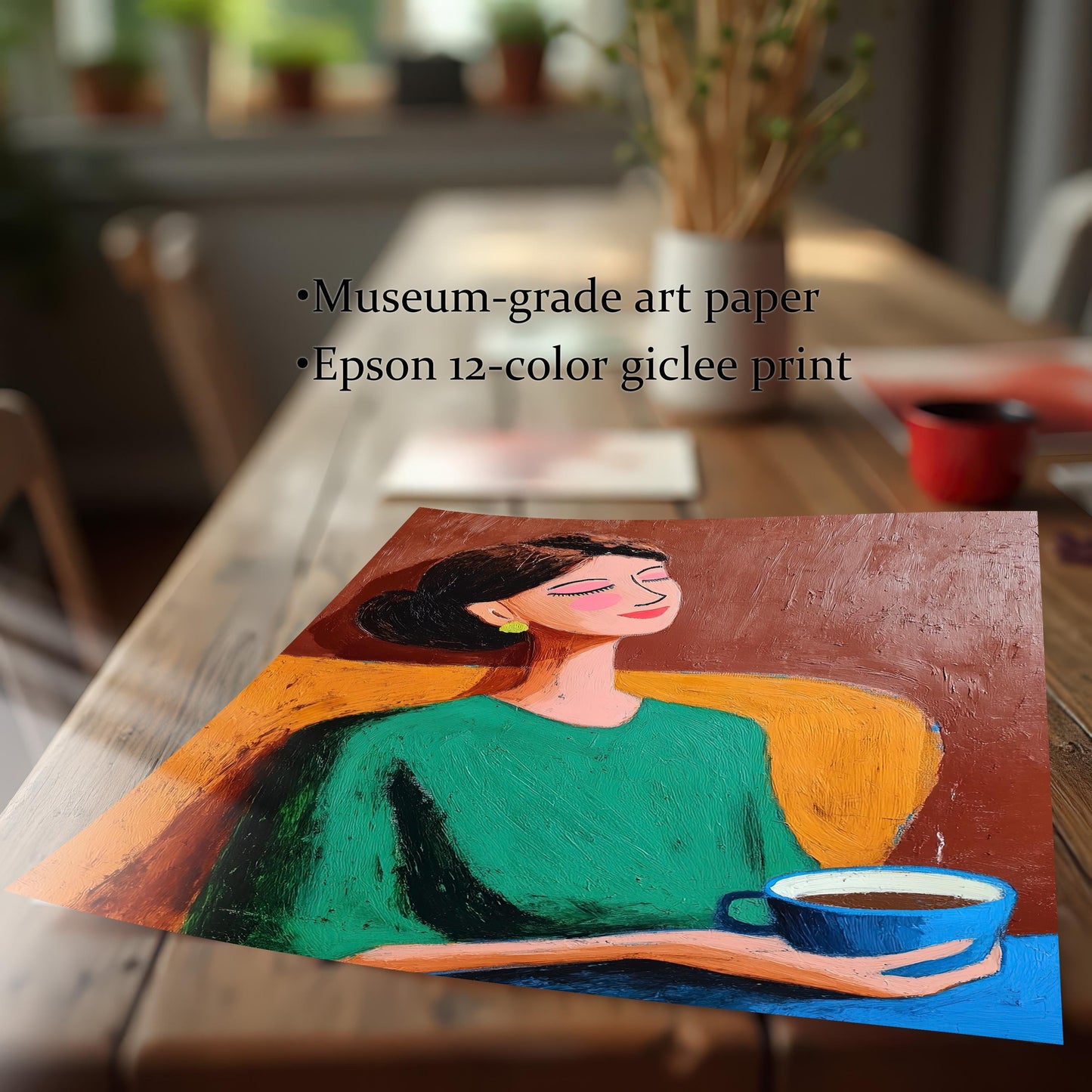 Close-up of the unframed print on a wooden table, with text highlighting the quality: Museum-grade art paper and Epson 12-color giclee print.
