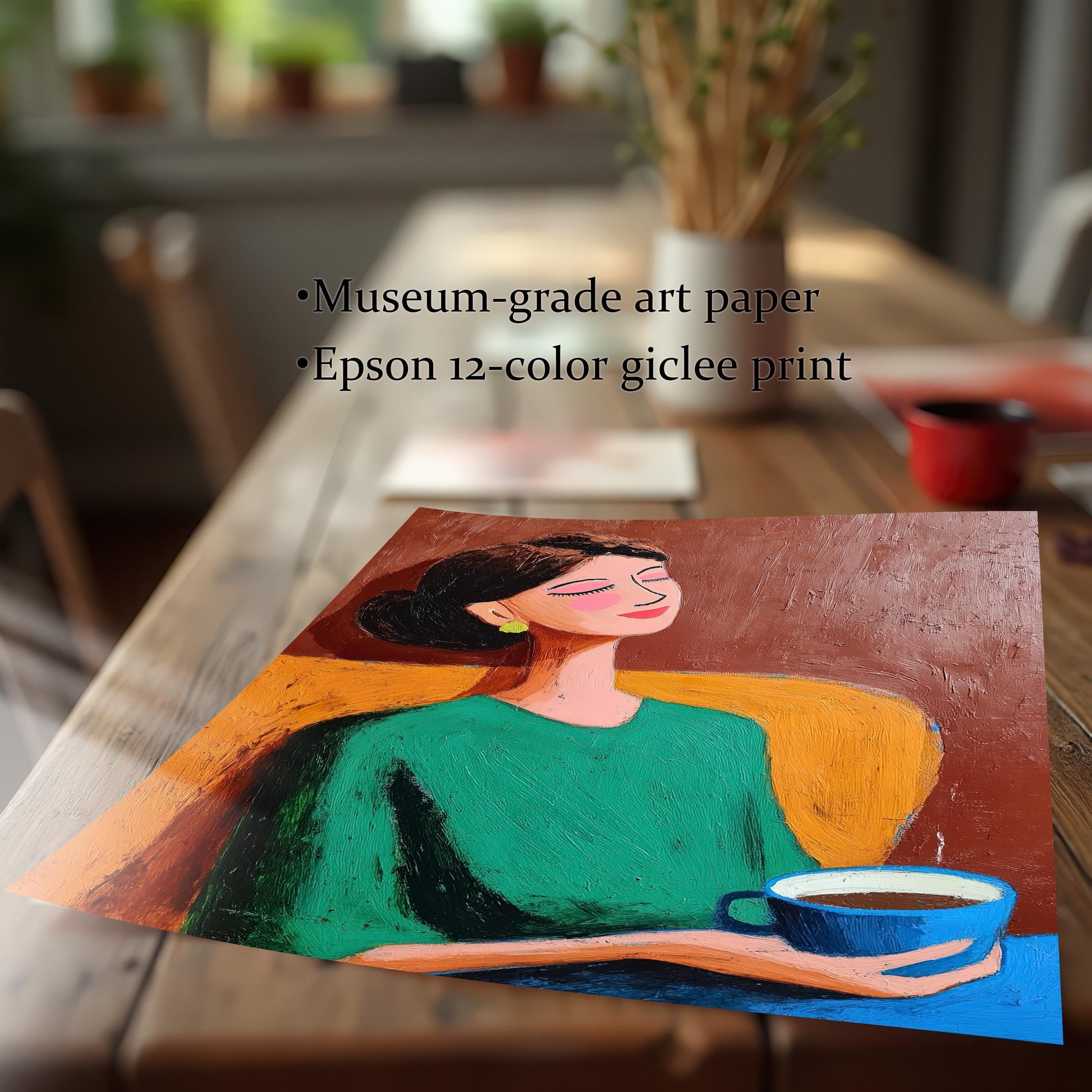 Close-up of the unframed print on a wooden table, with text highlighting the quality: Museum-grade art paper and Epson 12-color giclee print.