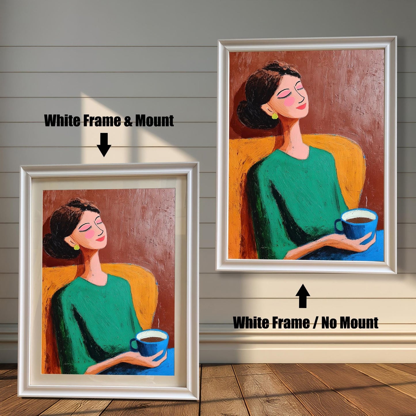 Two versions of the artwork, both with a White frame. The image on the left shows a Mount (white border) included, while the image on the right shows No Mount.