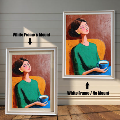 Two versions of the artwork, both with a White frame. The image on the left shows a Mount (white border) included, while the image on the right shows No Mount.