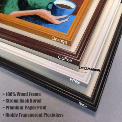 Close-up stack of four corner samples of wood frames: Orange, Coffee (brown), White, and Black. Text highlights frame width (0.9 ′′ / 2.2cm) and features: 100% Wood Frame, Strong Back Borad, Premium Paper Print, and Highly Transparent Plexiglass.