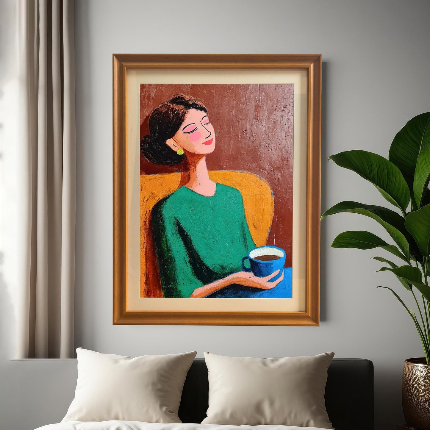 Framed artwork of a woman with a cup, featuring an Orange (gold) frame. It is hung on a light gray wall above a bed with white pillows, next to a tall potted plant and white curtain.