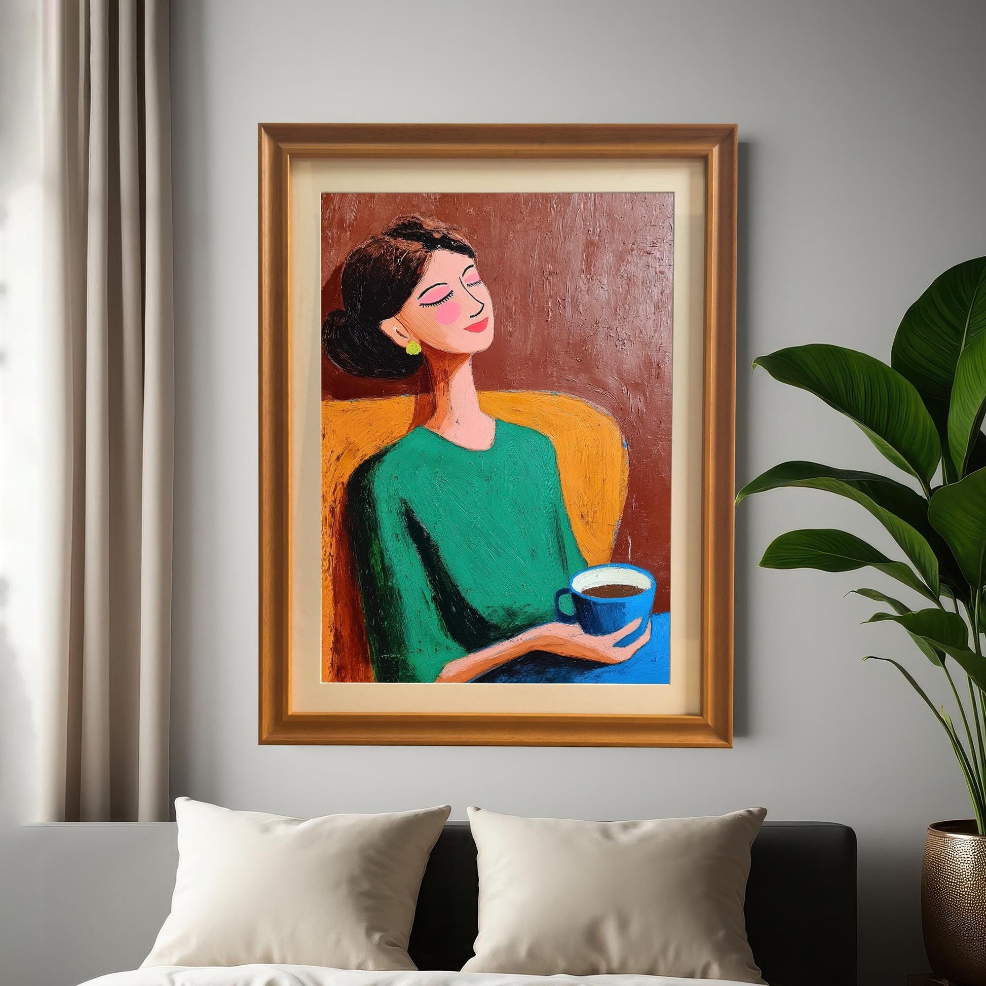 Framed artwork of a woman with a cup, featuring an Orange (gold) frame. It is hung on a light gray wall above a bed with white pillows, next to a tall potted plant and white curtain.
