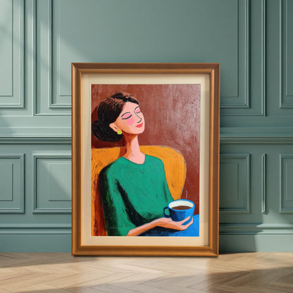 Full view of the artwork, a colorful painting of a woman holding a blue cup, framed in an Orange (gold) frame. The framed art leans against a teal-paneled wall on a wood floor, with strong sunlight from the left.