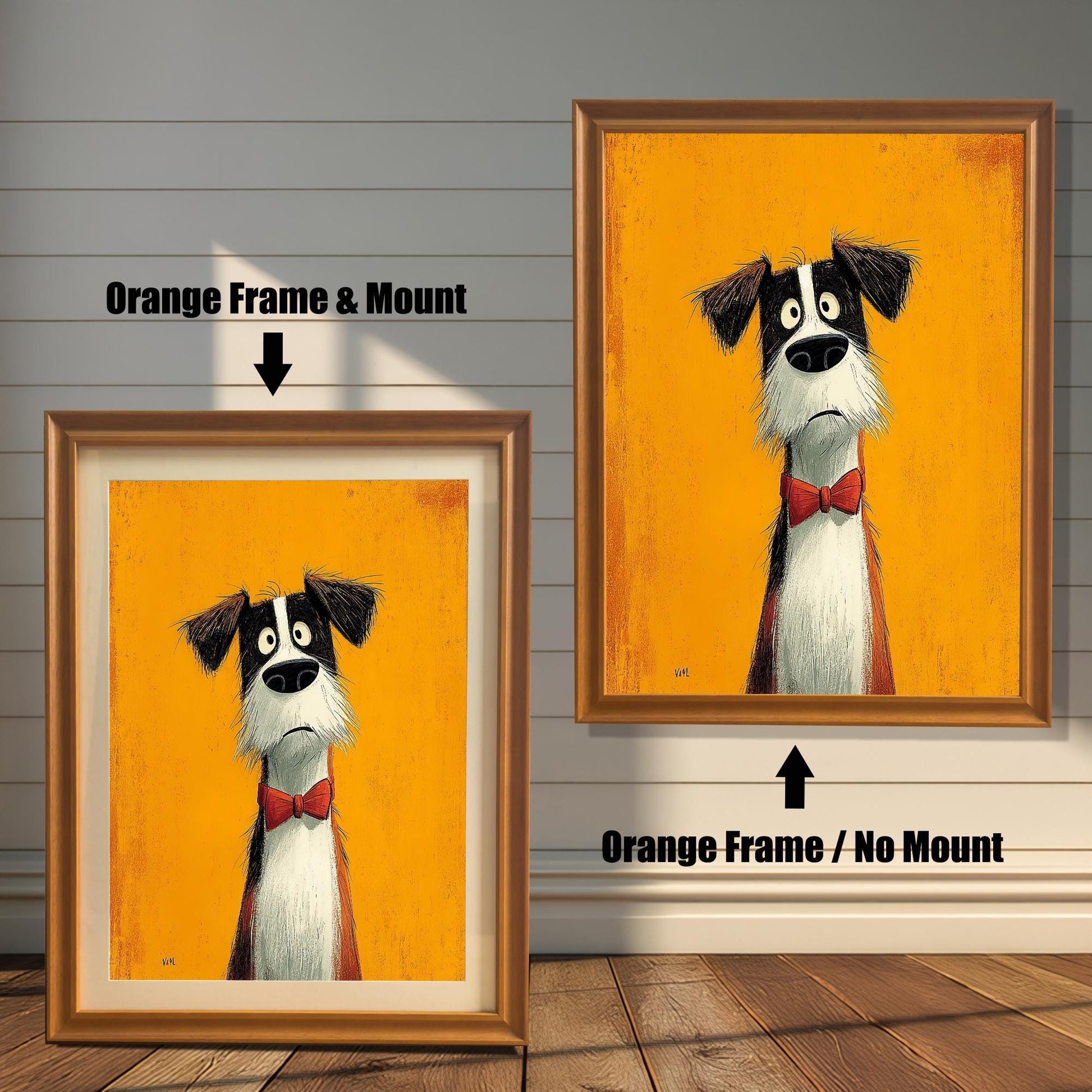 Two options for the framed art: one in an orange/gold frame with a mount, and one in an orange/gold frame without a mount.