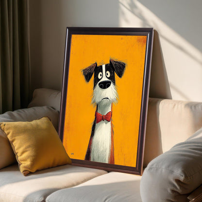 A framed print of the cartoon dog in a dark brown/coffee frame, leaning on a white couch next to a yellow throw pillow.