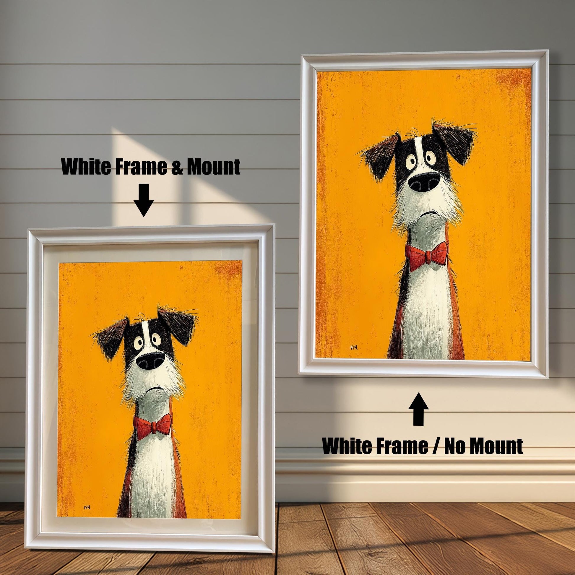 Two options for the framed art: one in a white frame with a mount (mat), and one in a white frame without a mount.