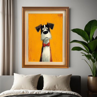 A whimsical print of a shaggy black and white cartoon dog wearing a red bow tie against a bright orange background, framed in gold and hanging over a bed.