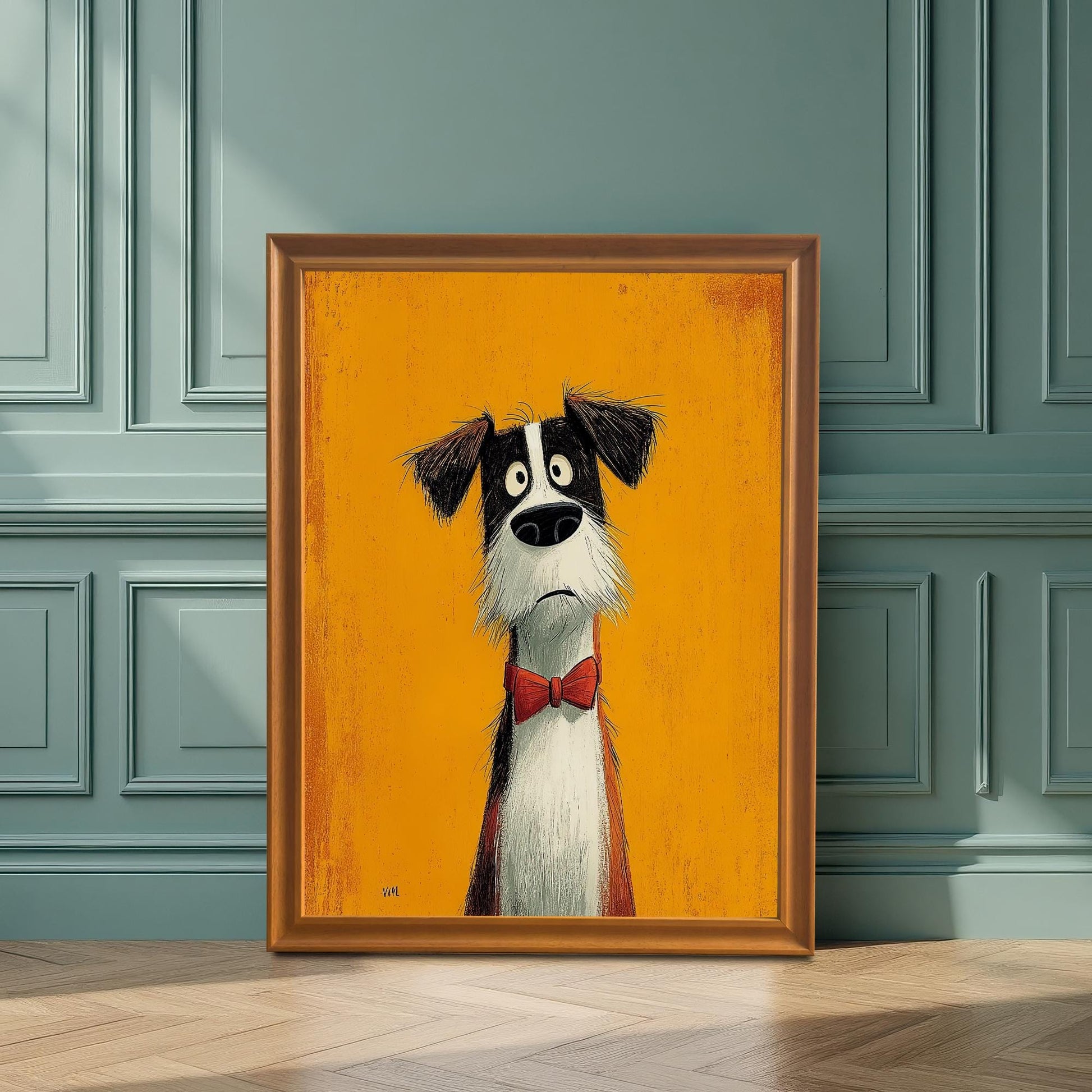 A framed print of a cartoon dog with a red bow tie on an orange background, in an orange/gold frame, leaning on a wood floor against a teal paneled wall.