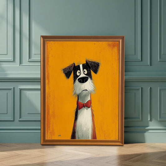A framed print of a cartoon dog with a red bow tie on an orange background, in an orange/gold frame, leaning on a wood floor against a teal paneled wall.