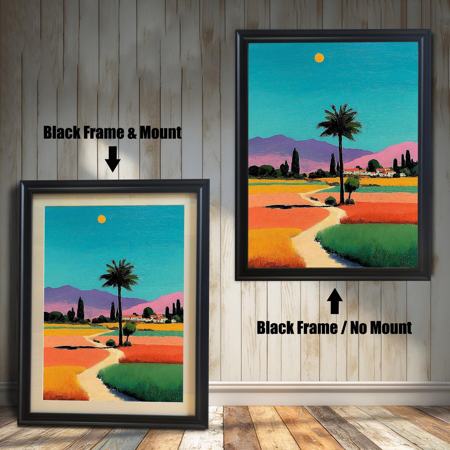 Two options for the framed art: one in a black frame with a mount, and one in a black frame without a mount.