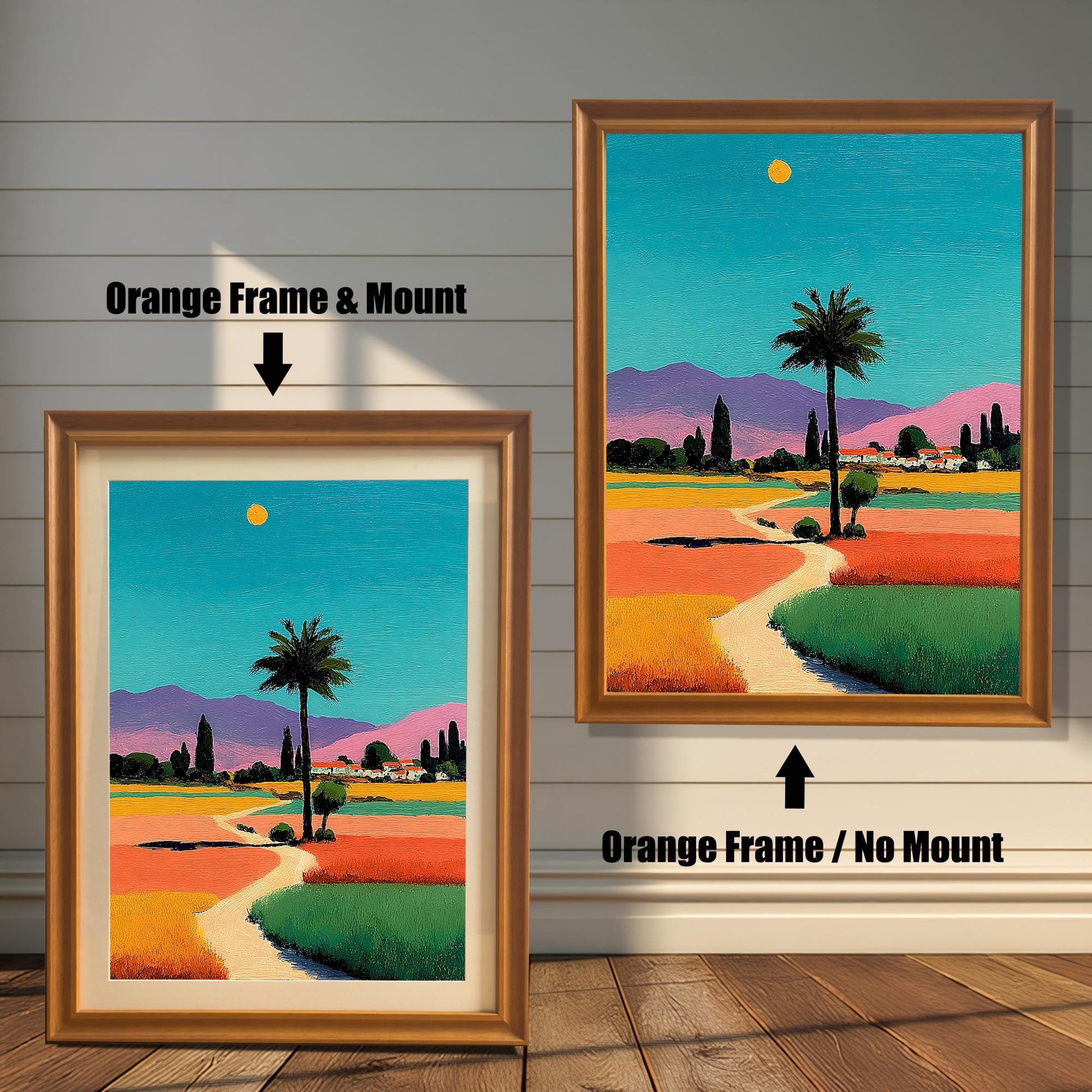 Two options for the framed art: one in an orange/gold frame with a mount, and one in an orange/gold frame without a mount.