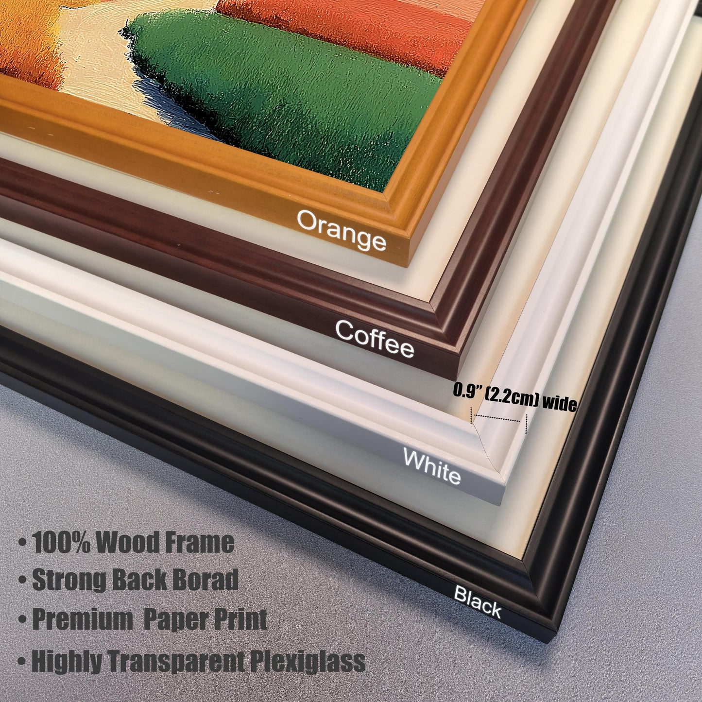 Stacked corner view of four frame colors: Black, White, Coffee (dark brown), and Orange (gold/tan). Frame is 0.9" (2.2cm) wide wood.