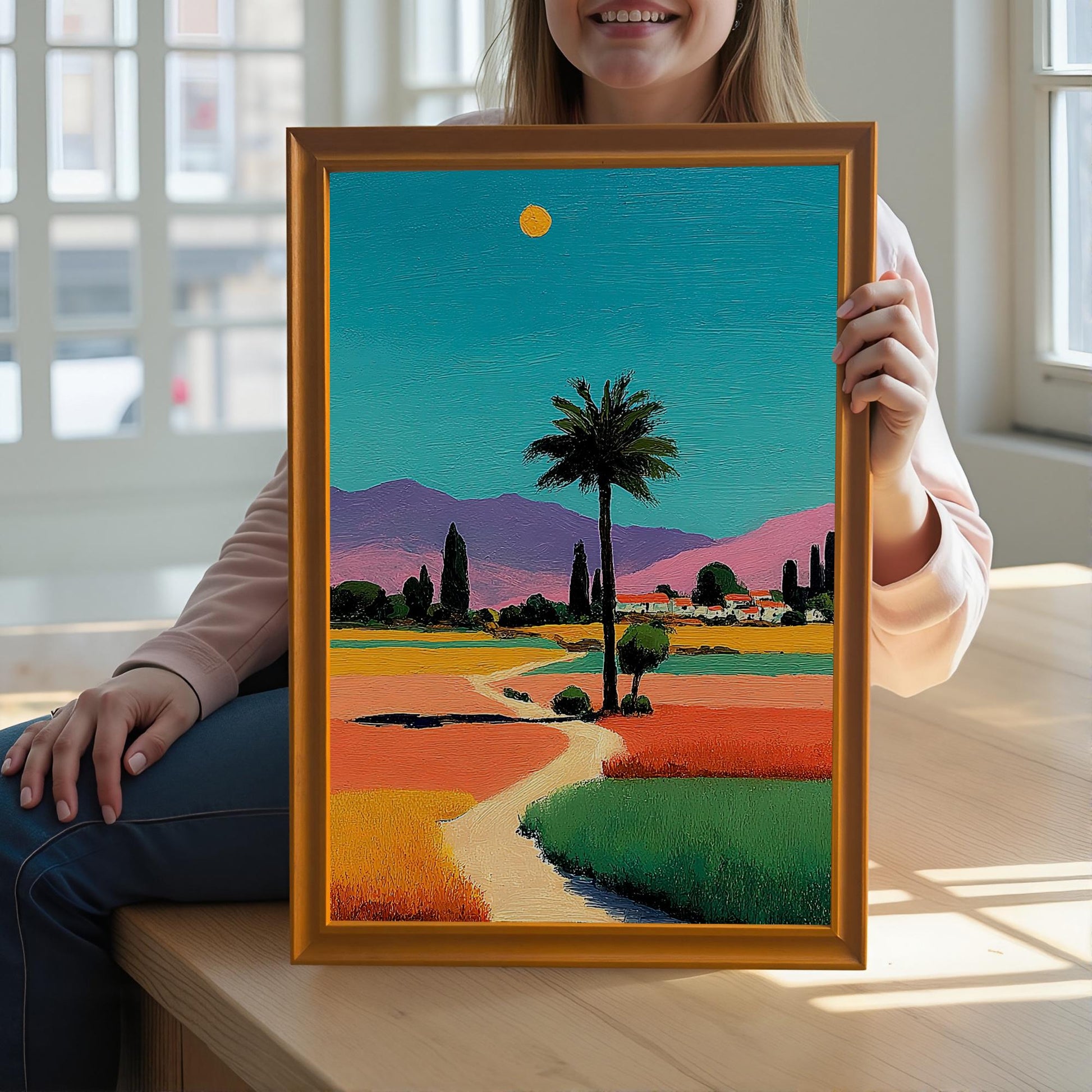 A smiling person holds up a framed print of a colorful field and palm tree landscape, with a bright turquoise sky and purple mountains, framed in orange/gold.