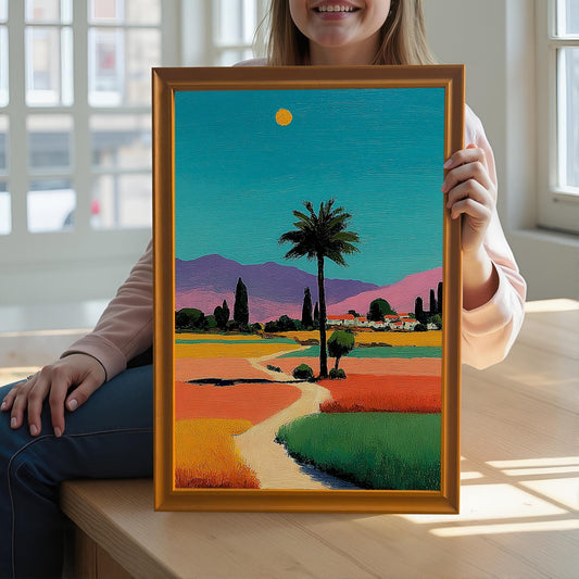 A smiling person holds up a framed print of a colorful field and palm tree landscape, with a bright turquoise sky and purple mountains, framed in orange/gold.