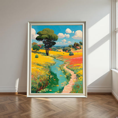 A framed landscape print in a white/silver frame, leaning against a white wall and wood floor, brightly lit by sunlight from a window.