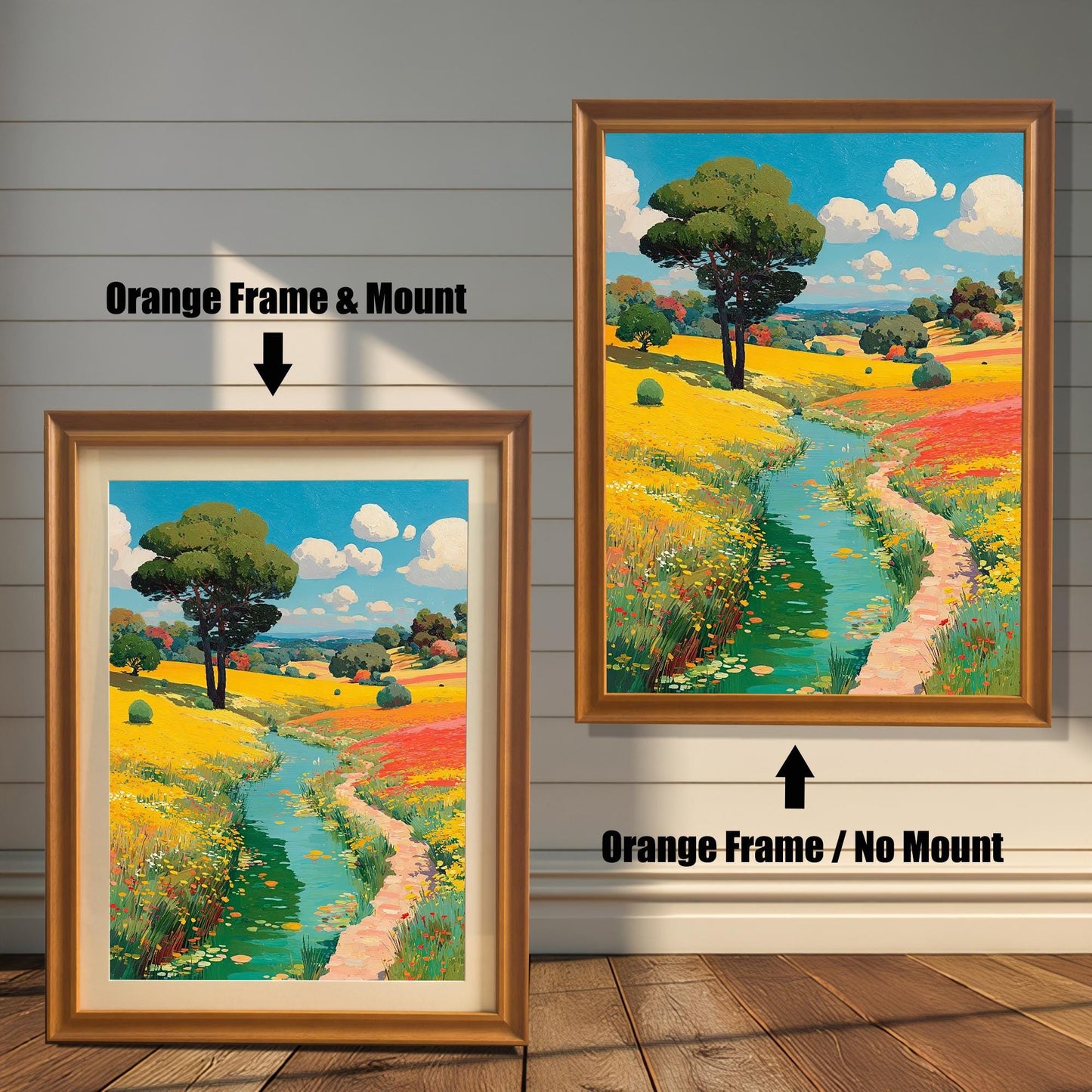 Two options for the framed art: one in an orange/gold frame with a mount, and one in an orange/gold frame without a mount.