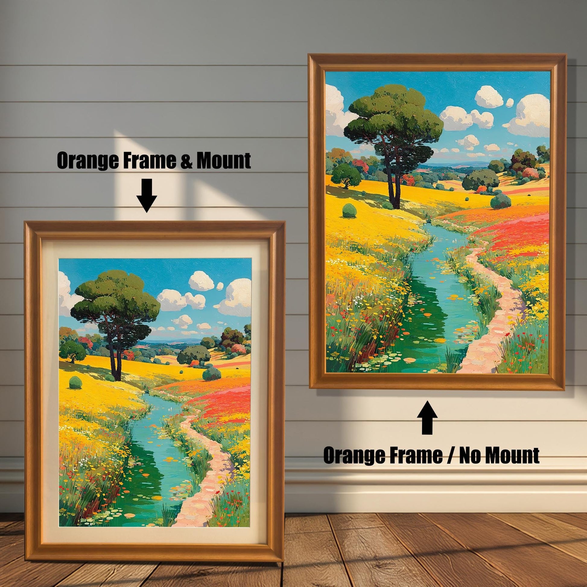 Two options for the framed art: one in an orange/gold frame with a mount, and one in an orange/gold frame without a mount.