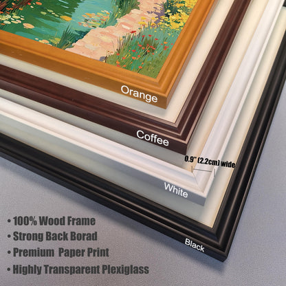 Stacked corner view of four frame colors: Black, White, Coffee (dark brown), and Orange (gold/tan). Text details the 100% Wood Frame is 0.9" (2.2cm) wide.