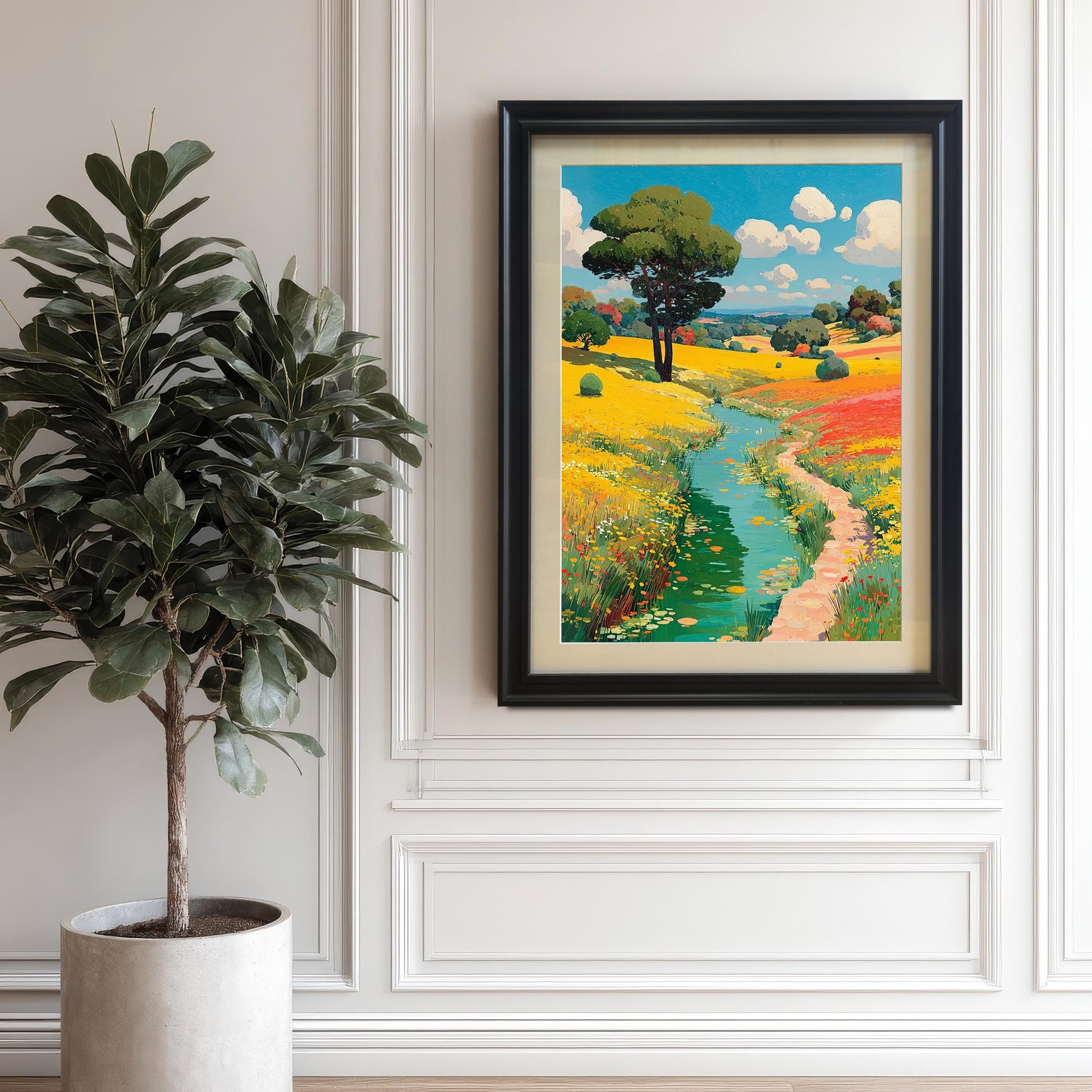 A framed print of a colorful flower field landscape, in a black frame with a mount, hanging on a white paneled wall beside a large potted fiddle-leaf fig tree.