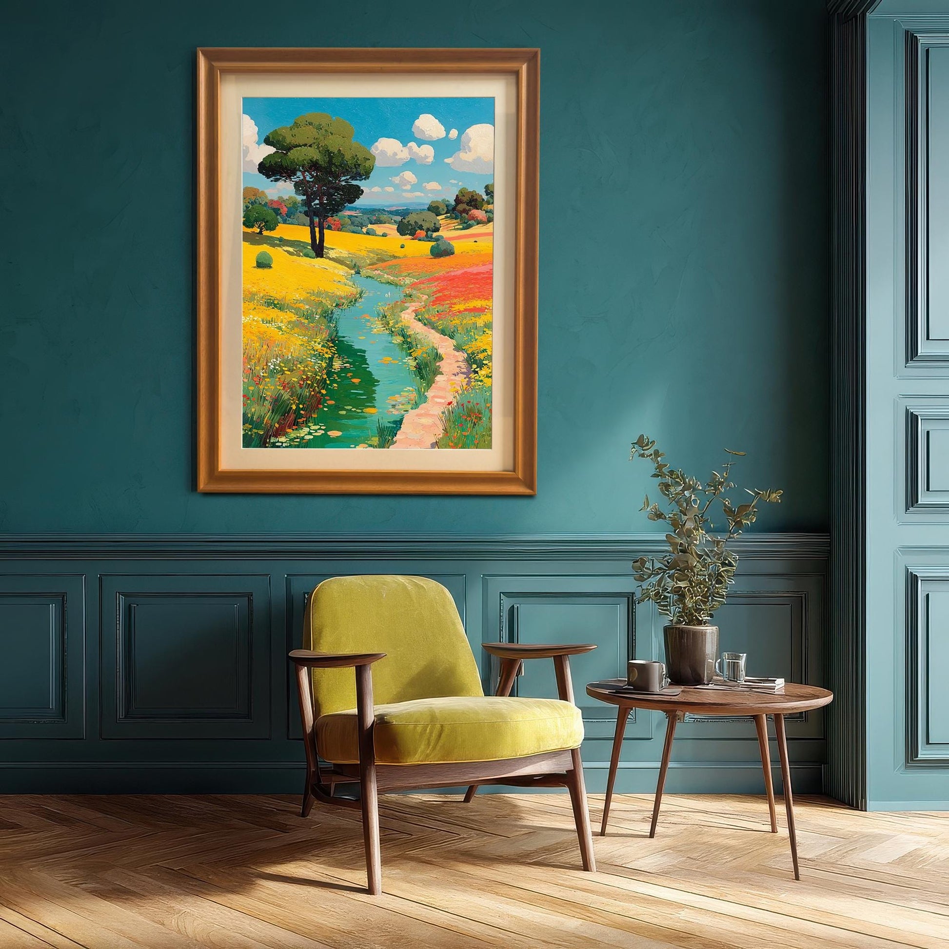 A framed landscape print of a vibrant river valley with a single tree and winding path, framed in orange/gold, hanging on a teal paneled wall above a chartreuse armchair.