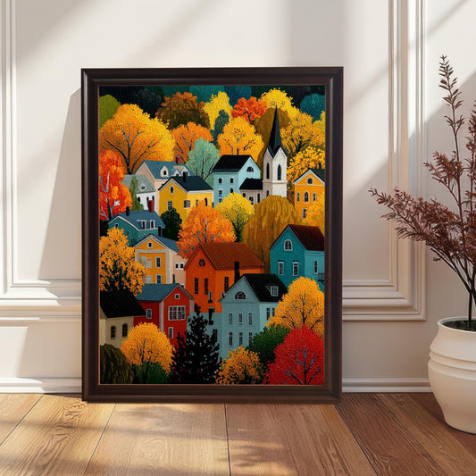 A framed print of a colorful autumn village scene, in a dark brown/coffee frame, leaning on a wooden floor against a white paneled wall near a potted plant.