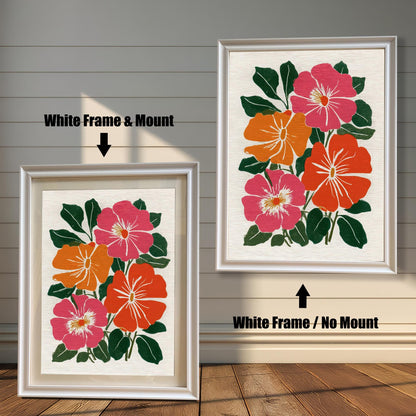 Two framed versions of the botanical print side-by-side against a white wooden wall. The image on the left, labeled "White Frame & Mount," has a white frame and a light-colored mat (mount). The image on the right, labeled "White Frame / No Mount," has the same white frame but no mat.