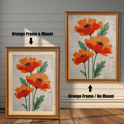 Comparison image of the poppy artwork in an Orange Frame. On the left, a framed print with a wide light-colored Mount (mat) is shown leaning on the floor. On the right, the same print is shown hung on the wall with the Orange Frame / No Mount. Arrows indicate the frame's color and mount style for each.