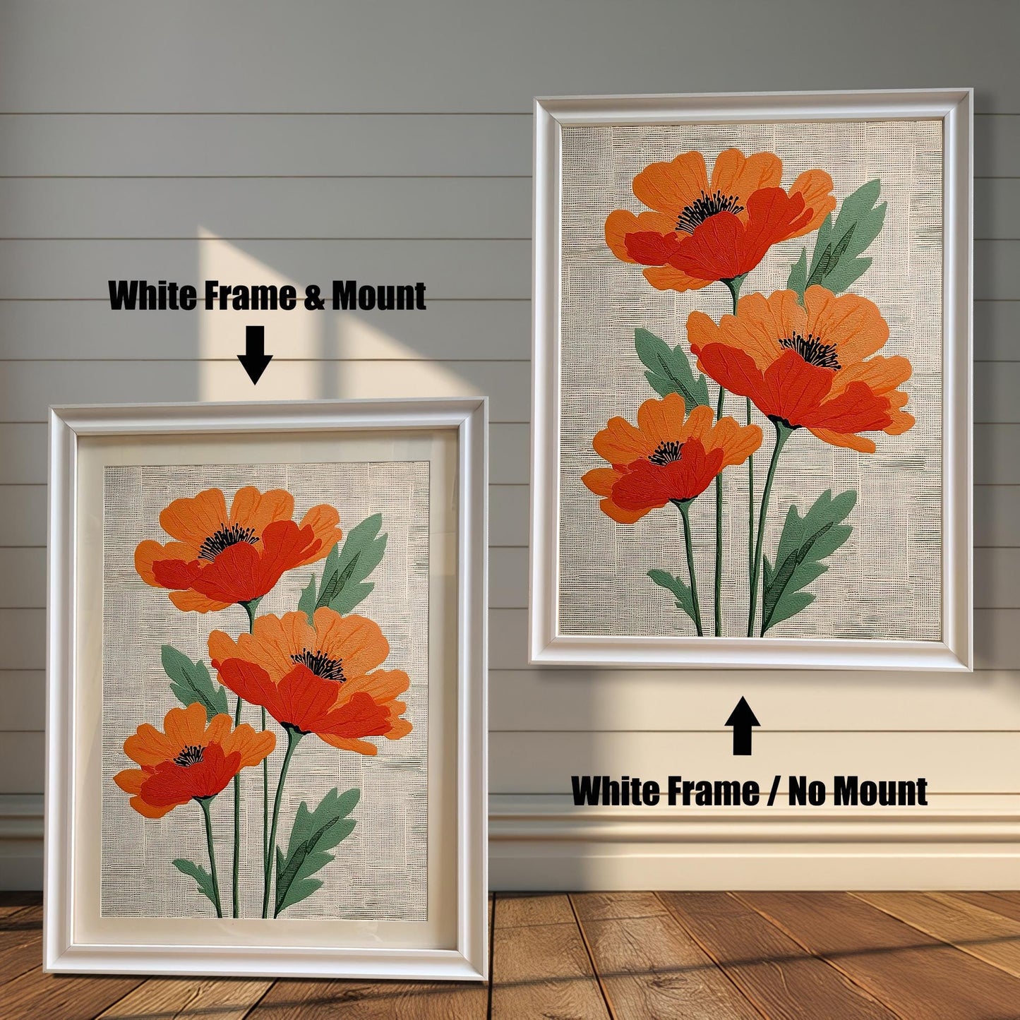 Comparison image of the poppy artwork in a White Frame. On the left, a framed print with a wide light-colored Mount (mat) is shown leaning on the floor. On the right, the same print is shown hung on the wall with the White Frame / No Mount. Arrows indicate the frame's color and mount style for each.