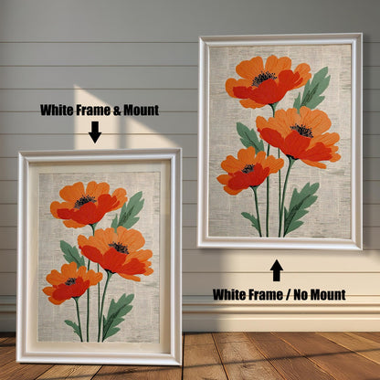 Comparison image of the poppy artwork in a White Frame. On the left, a framed print with a wide light-colored Mount (mat) is shown leaning on the floor. On the right, the same print is shown hung on the wall with the White Frame / No Mount. Arrows indicate the frame's color and mount style for each.