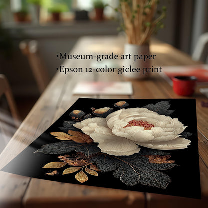 Close-up of the artwork print—a white peony with gold and dark foliage on a black background—lying flat on a wooden table. Text states the print features: Museum-grade art paper and Epson 12-color giclee print.