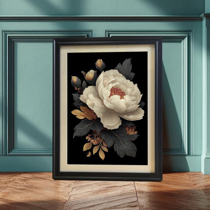 A framed print of a white peony with gold and dark foliage on a black background, leaning against a teal wainscoting wall. The frame is black and includes a visible light-colored mount (mat) bordering the print.