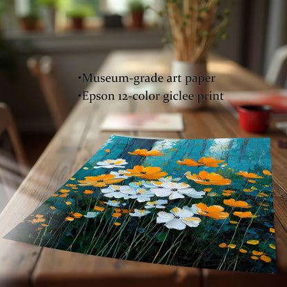 White/Orange Floral	Close-up of the printed painting of white and orange flowers on a dark teal background resting on a wooden table. Text highlights "Museum-grade art paper" and "Epson 12-color giclee print."
