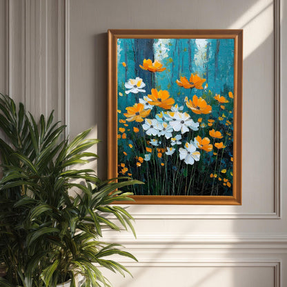 White/Orange Floral	Impressionistic painting of white and orange flowers in an Orange wood frame hanging on a light gray wainscoted wall, next to a large potted green plant.