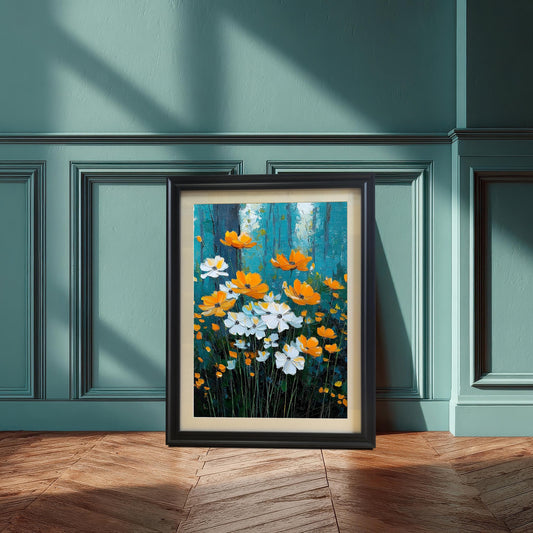 Impressionistic painting of white and orange flowers against a dark teal/blue forest background, in a Black frame with a mat/mount, leaning against a teal/green wainscoted wall.