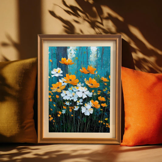 White/Orange Floral	Impressionistic painting of white and orange flowers in an Orange wood frame resting between a yellow and an orange cushion, with leaf shadows cast across the wall behind it.
