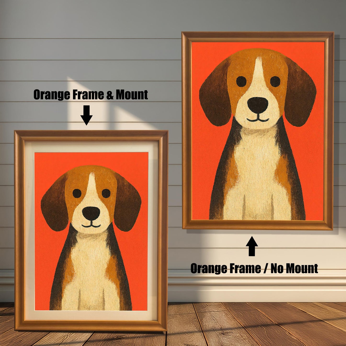 Beagle dog art print on a vibrant orange background shown in two light Orange wood frames. The left image is framed with a white mat/mount, and the right image is framed without a mat.