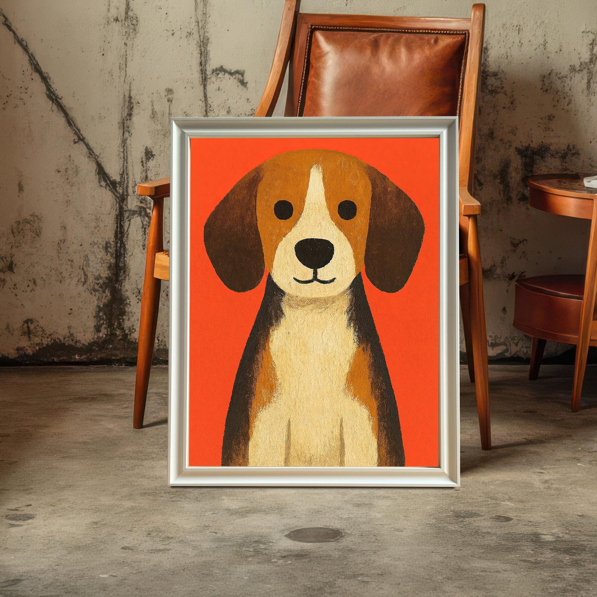 Beagle dog art print in a white frame resting on a concrete floor, leaning against a vintage wooden chair with a brown leather seat, in front of a textured wall.