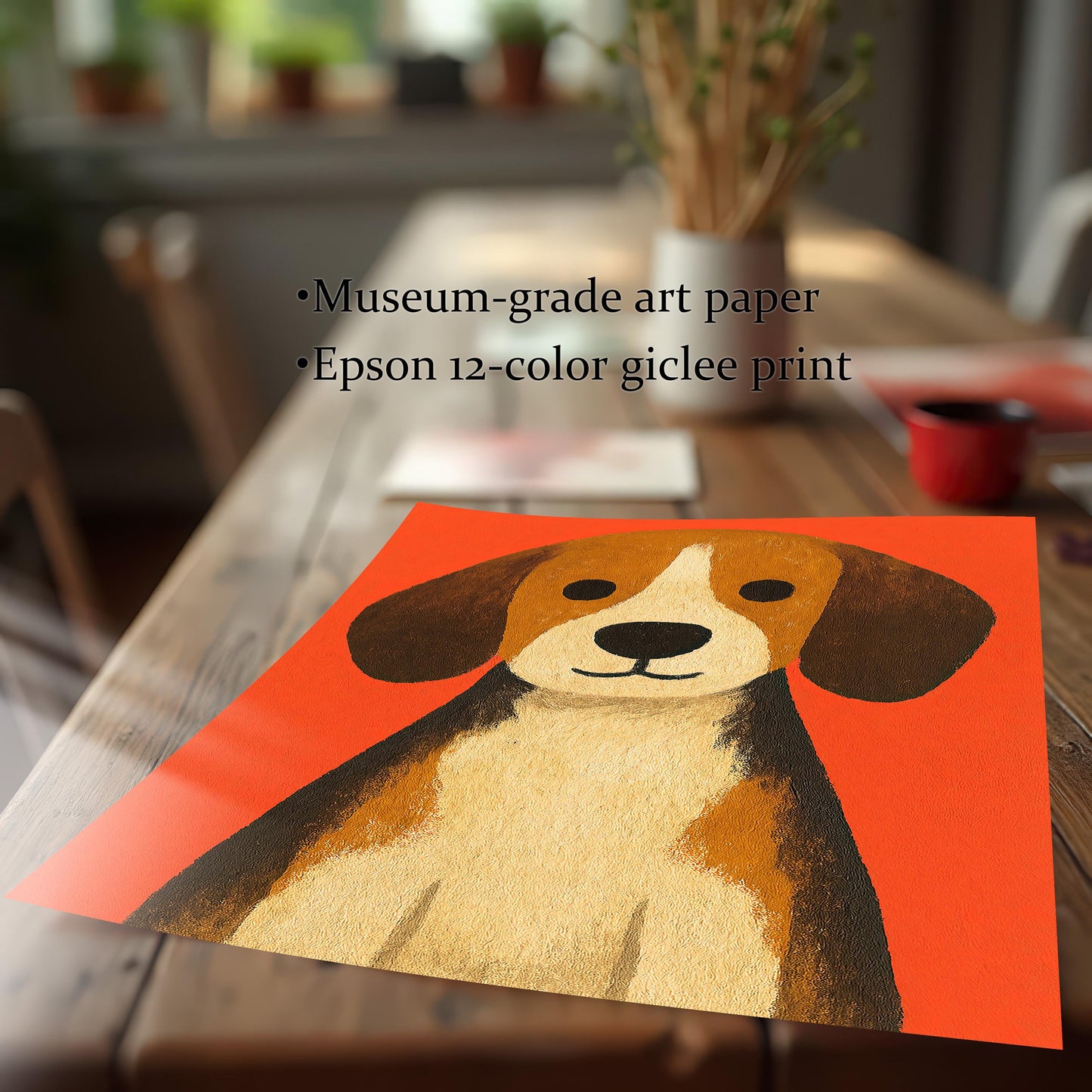 Close-up of the Beagle dog art print on a wooden table, emphasizing the print quality. Text highlights "Museum-grade art paper" and "Epson 12-color giclee print."